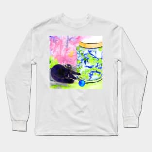 Cat playing and chinoiserie jar watercolor painting Long Sleeve T-Shirt